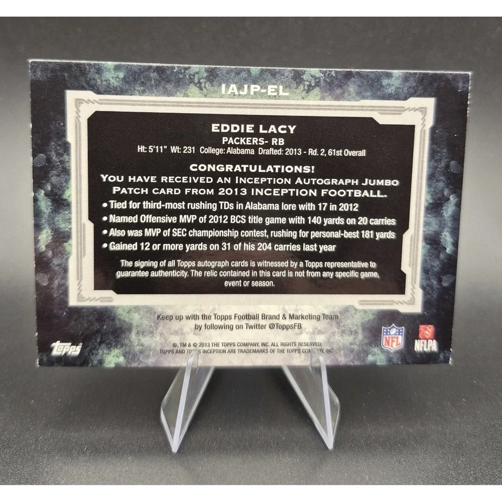 2013 Topps Inception Eddie‎ Lacy #IAJP-EL Autograph Jumbo Patch Purple /50